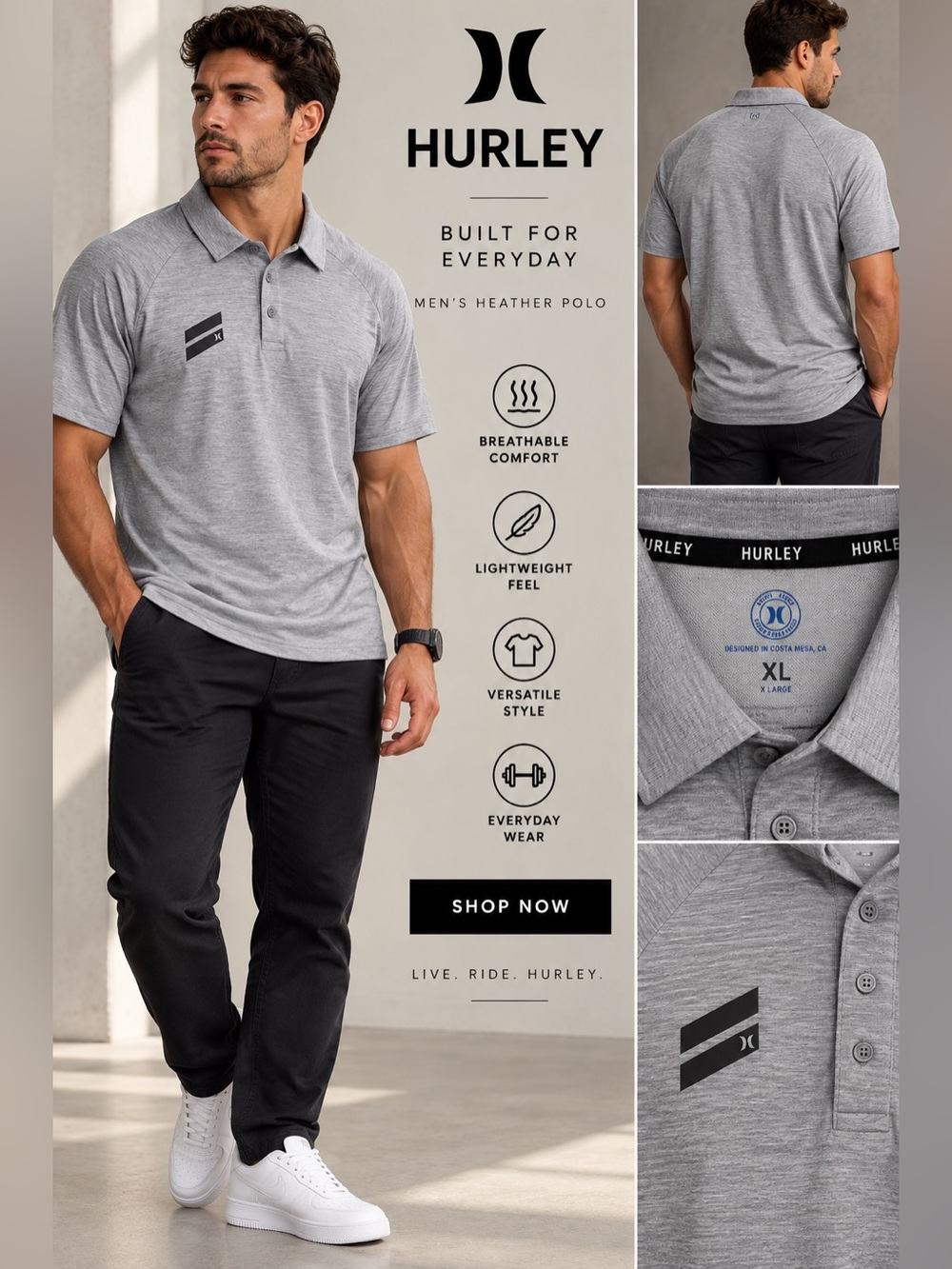 Hurley Men's Heather Polo Shirt - Gray size XL